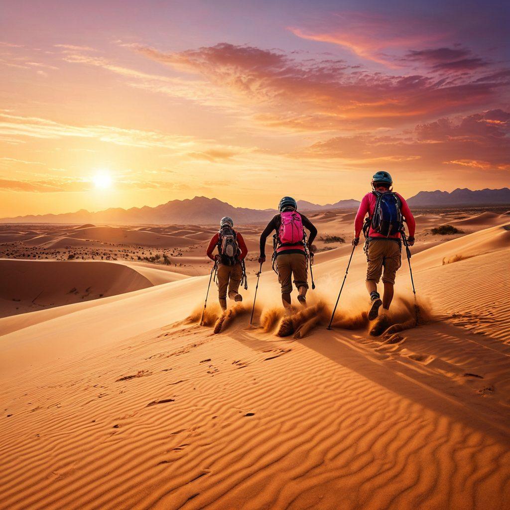 A dynamic scene capturing diverse athletes engaged in exhilarating desert activities, such as dune bashing, sandboarding, and rock climbing against a backdrop of towering sand dunes and a vibrant sunset sky. Highlight the adrenaline and excitement with expressions of joy and determination on their faces. Incorporate elements like dusty trails and flying sand to enhance the sense of speed and adventure. super-realistic. vibrant colors. cinematic lighting.