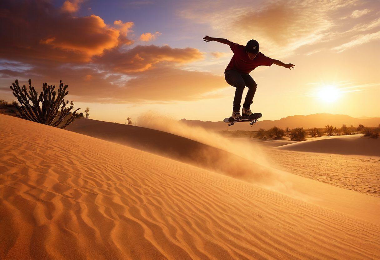 A dynamic scene of a person skateboarding on a massive sand dune with a vivid sunset in the background. Capture the thrill of extreme sports by featuring a flying sandboarder performing a daring trick mid-air, surrounded by cacti and rocky formations. The sky should showcase brilliant oranges and purples, emphasizing the desert ambiance. Include a sense of motion with swirling sand. hyper-realistic. vibrant colors. dramatic lighting.