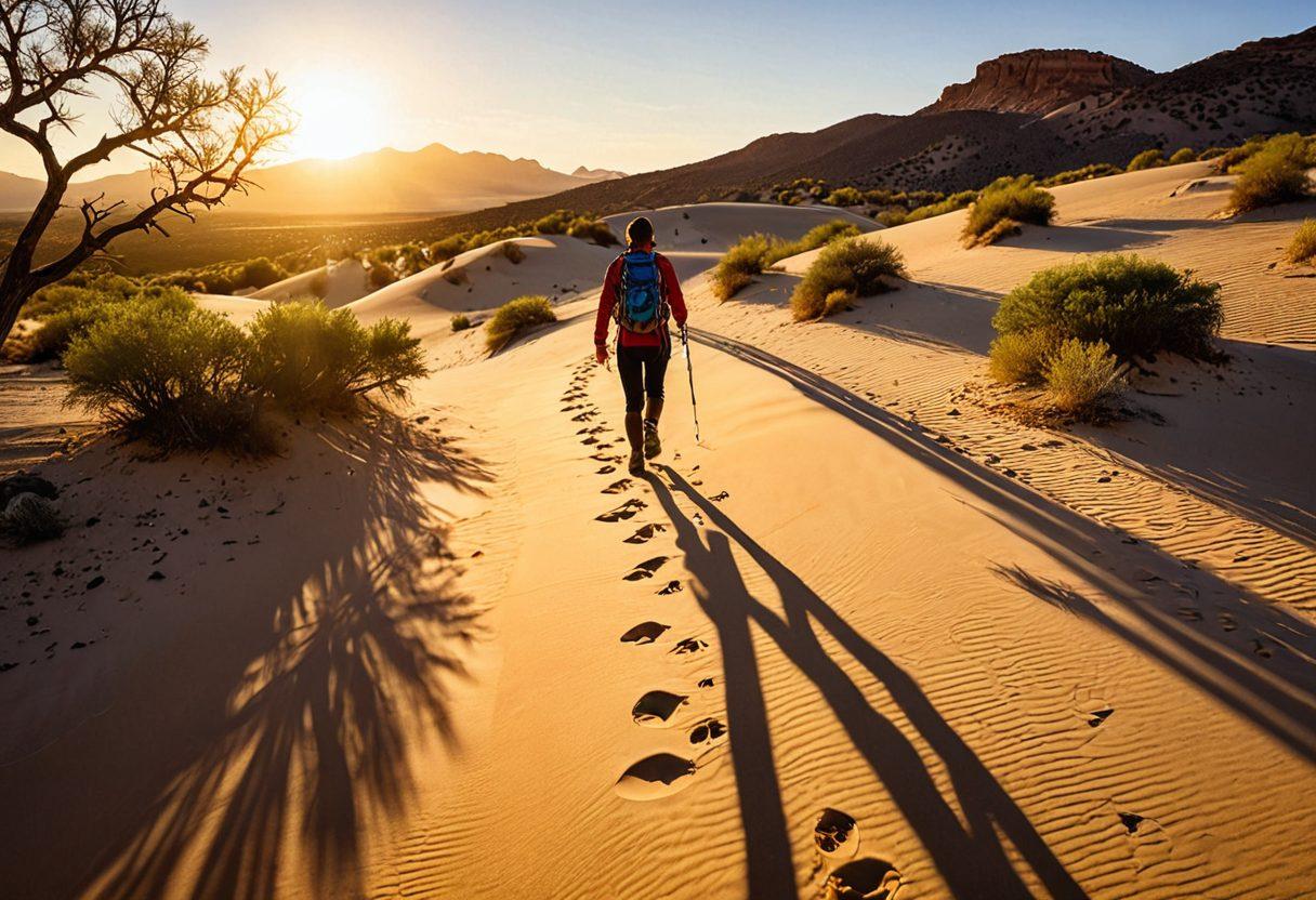 A breathtaking desert landscape transitioning from golden dunes to lush green trails, depicting an adventurous person hiking joyfully. Bright sun setting in the background, casting long shadows, with footprints leading into a vibrant forest. The scene filled with diverse outdoor activities like biking and climbing in the distance. Emphasize freedom and exploration. super-realistic. vibrant colors. dramatic lighting.